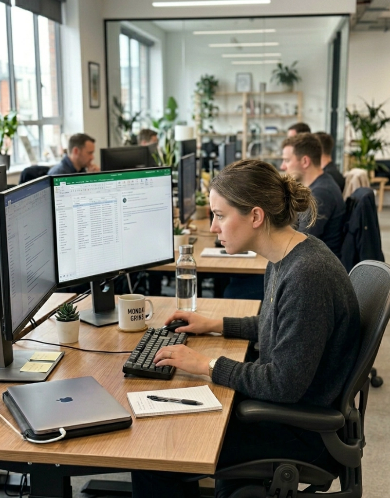 Office worker with poor desk posture causing neck and shoulder tension.
