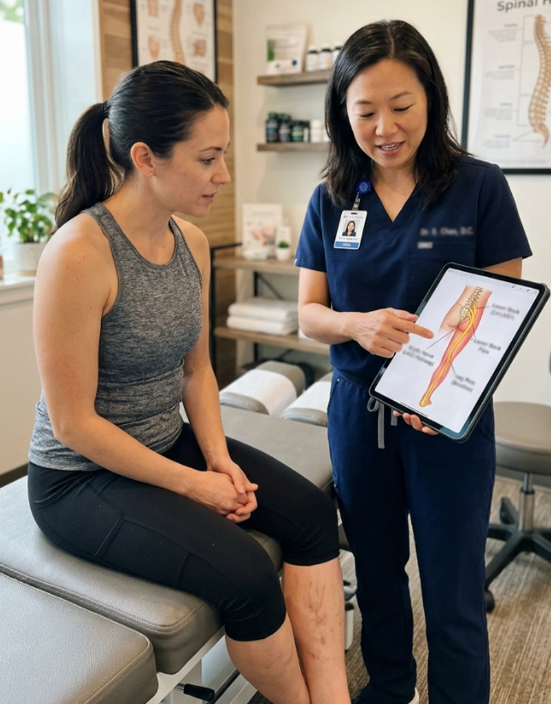 Chiropractor explaining sciatic nerve pain and treatment approach