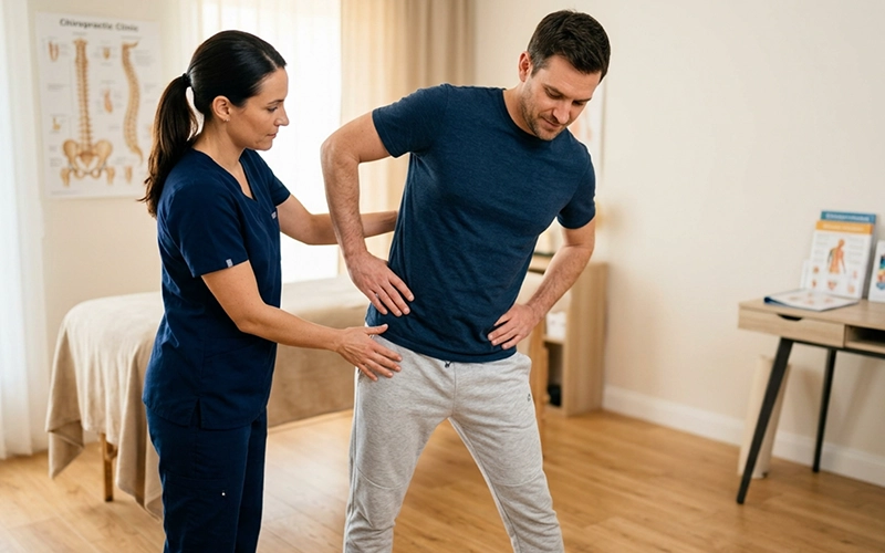 Chiropractor guiding movement to reduce lower back and hip tension