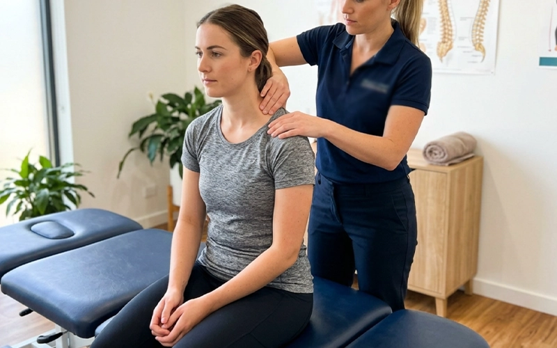 Chiropractor assessing upper back posture and tension.