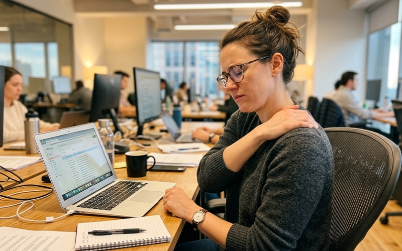 Desk worker experiencing upper back and shoulder tension.